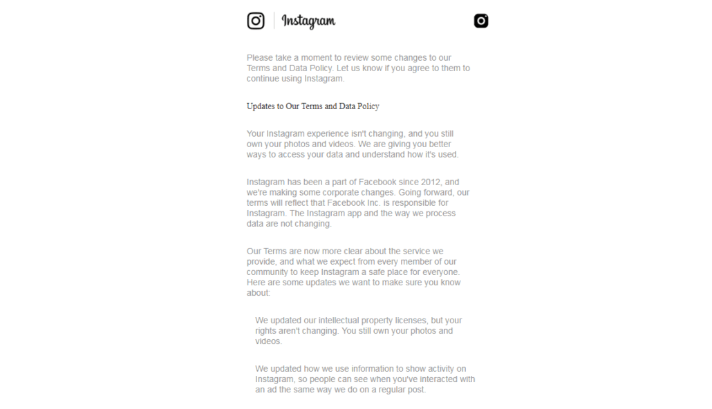 Instagram aplicou mudanças aos seus termos de serviço